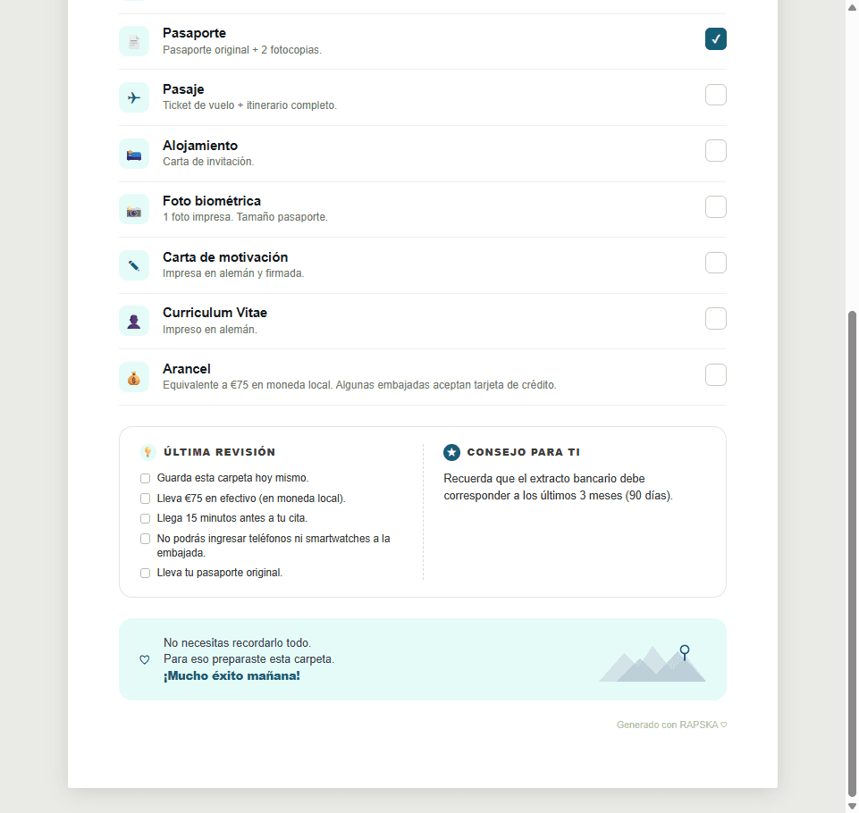Checklist de documentos en la app de RAPSKA