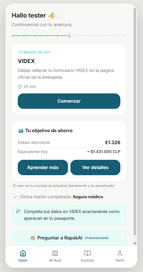 Pantalla de inicio de la app de RAPSKA con la misión del día