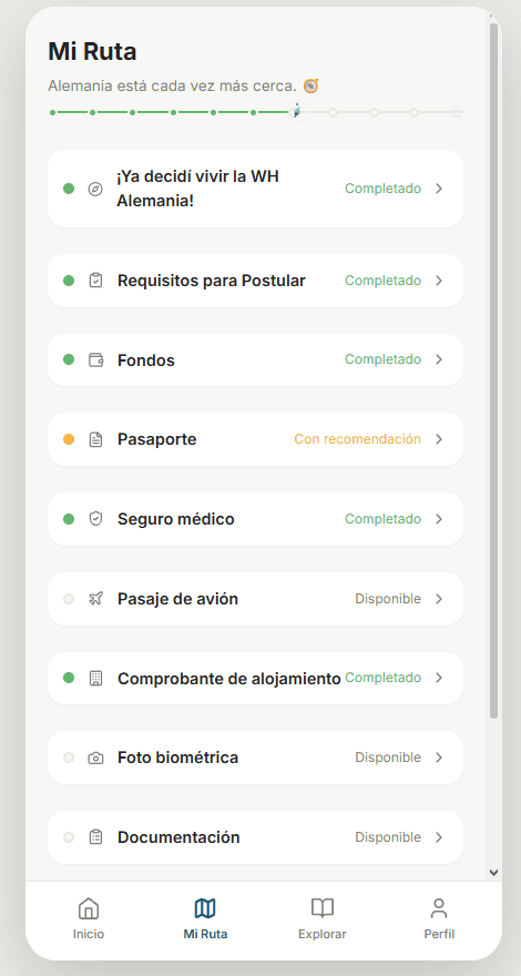 Pantalla Mi Ruta con los hitos de la Working Holiday